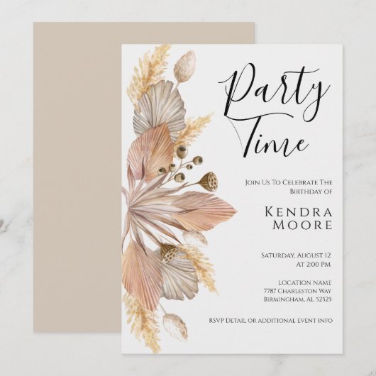 Boho Pompas grass Birthday uitnodiging voor elke l (Voorkant / Achterkant)