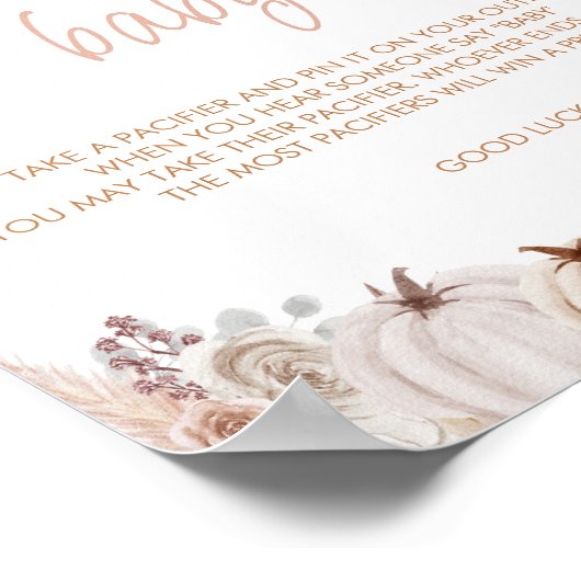 Boho pompoen Baby shower niet zeggen Baby teken Poster (Hoek)