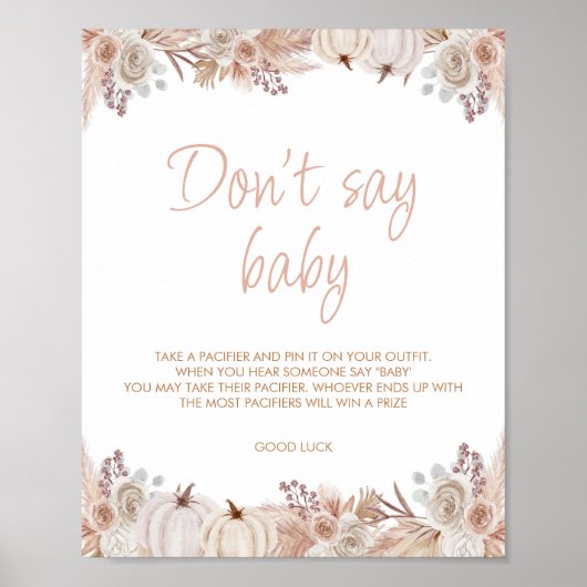 Boho pompoen Baby shower niet zeggen Baby teken Poster (Voorkant)