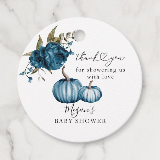 Boho Pompoen Blauw Bloemen Baby shower Bedankjes Labels (Voorkant)