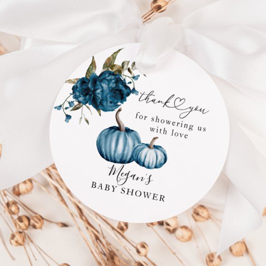 Boho Pompoen Blauw Bloemen Baby shower Bedankjes Labels