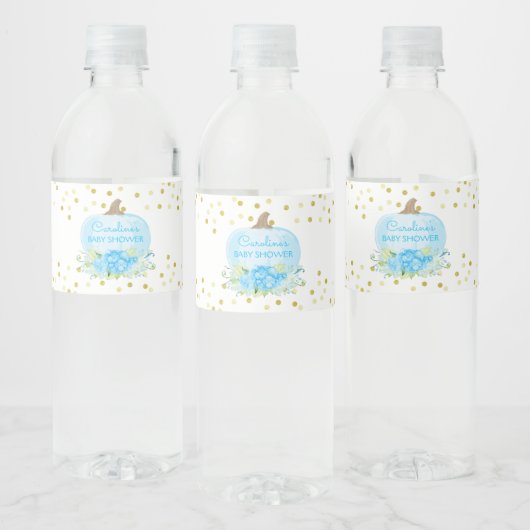 Boho Pompoen Blauw & Gouden Baby Jongen Douche Waterfles Etiket (Flessen)
