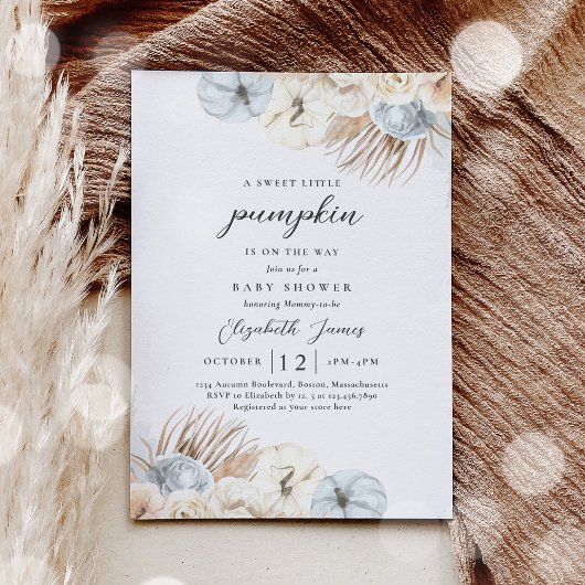 Boho Pompoen Blauw Pampas Grass Boy Baby shower Kaart