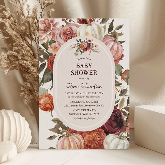 Boho Pompoen Floral Herfst Baby shower Kaart