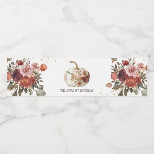Boho Pompoen Herfst Bloei 1e Verjaardag Waterfles Etiket (Enkel label)