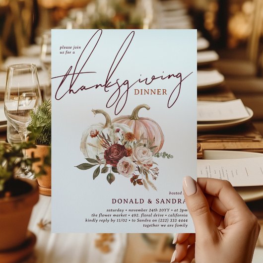 Boho Pompoen Herfst Bloei Thanksgiving Diner Kaart