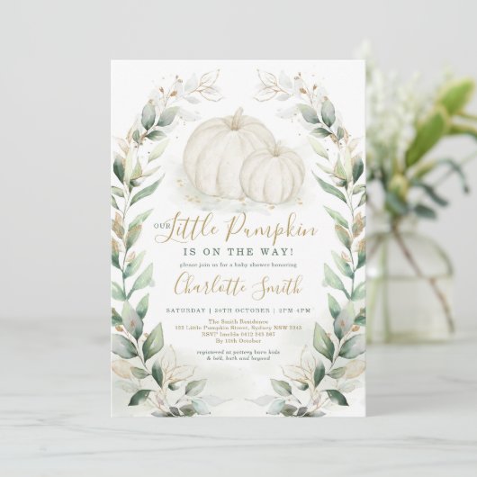 Boho Pompoen Herfst Greenery Gold Krans Baby showe Kaart (Staand voorkant)