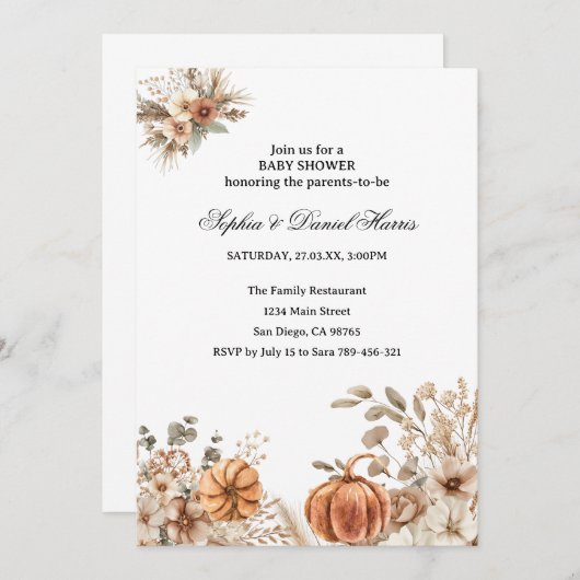 Boho Pompoen Herfst Rustiek Chic Baby shower Invit Kaart (Voorkant / Achterkant)