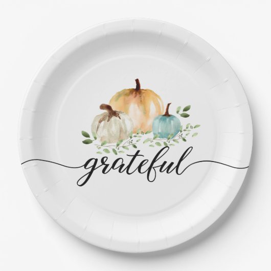 Boho Pompoen Herfst Waterverf Dankbare Thanksgivin Papieren Bordje (Voorkant)