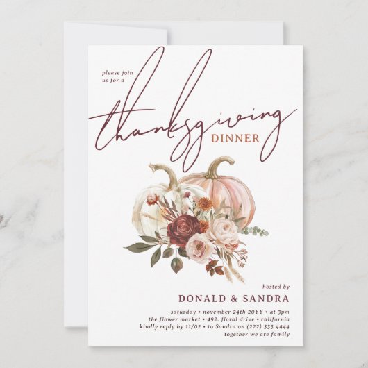 Boho Pompoen Herfstbloei Thanksgiving Diner Kaart (Voorkant)