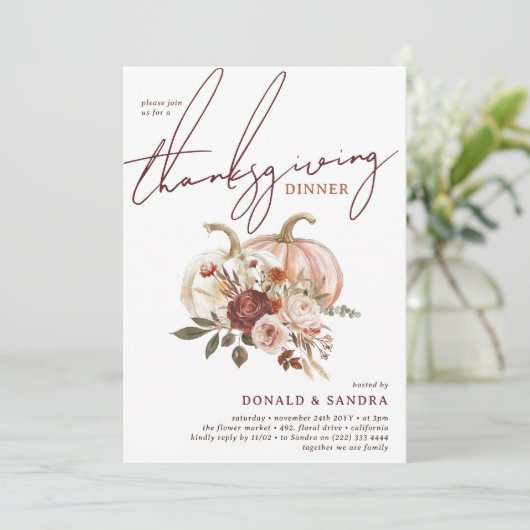 Boho Pompoen Herfstbloei Thanksgiving Diner Kaart (Staand voorkant)