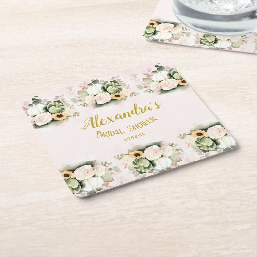 Boho Pompoen Pampas Gras Elegante Bruidsdouche Kartonnen Onderzetters (Schuin)