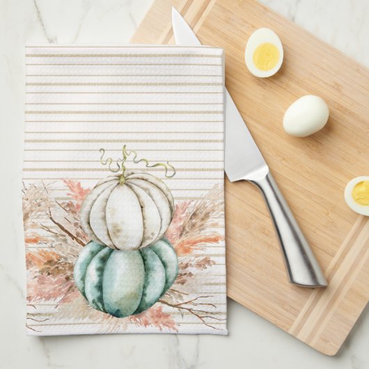 Boho pompoen pampas gras Franse land strepen Theedoek (Quarter Fold)