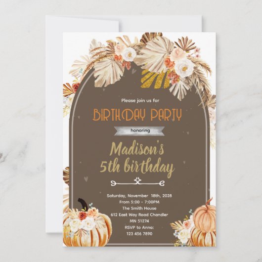 Boho Pompoen Verjaardagsfeest Uitnodiging (Voorkant)