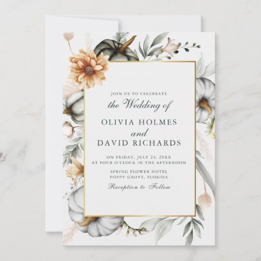 Boho Pompoenen met Wilde Bloemen Bruiloft Kaart (Voorkant)
