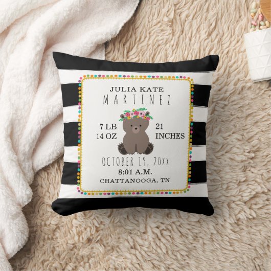 Boho Pompom Stripe Beer Baby Girl Birth Stats Kussen (Deken)