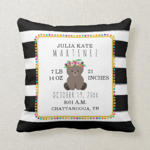 Boho Pompom Stripe Beer Baby Girl Birth Stats Kussen