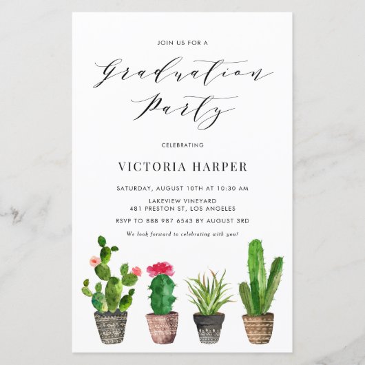 Boho Potted Cactus Graduation Party Uitnodiging (Voorkant)