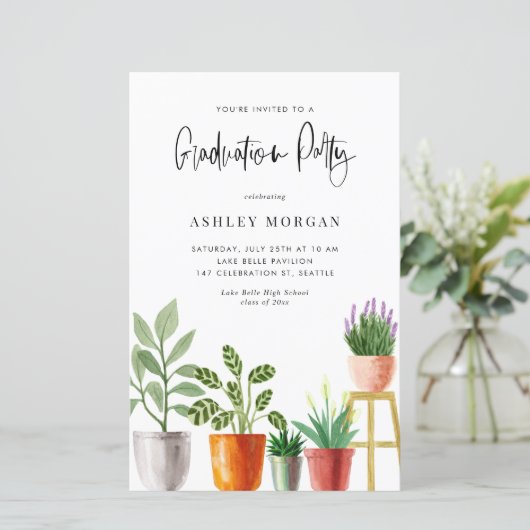 Boho Potted Houseplants Afstuderen Uitnodiging (Staand voorkant)