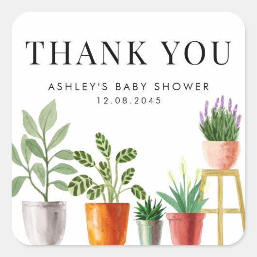 Boho Potted Houseplants Baby shower Bedankt Vierkante Sticker (Voorkant)