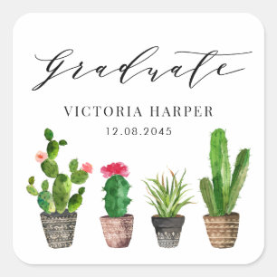 Boho Potted Succulenten en Cactus Afstudeerfeest Vierkante Sticker