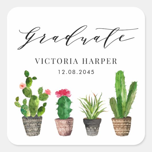 Boho Potted Succulenten en Cactus Afstudeerfeest Vierkante Sticker (Voorkant)