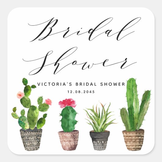 Boho Potted Succulenten en Cactus Bruidsdouche Vierkante Sticker (Voorkant)