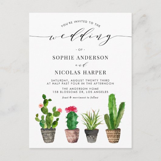 Boho Potted Succulents en Cactus QR Code Wedding Uitnodiging Briefkaart (Voorkant)
