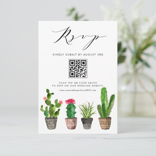 Boho Potten Succulenten en Cactus Bruiloft QR Code RSVP Kaartje (Staand voorkant)