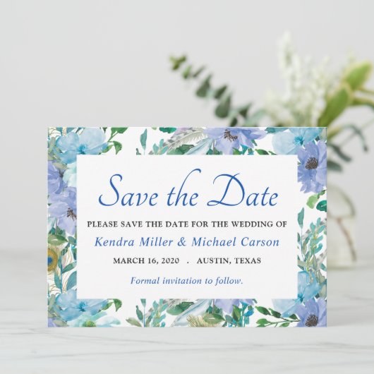 Boho Prachtige sapphire Blue Floral slaat de datum Save The Date (Staand voorkant)