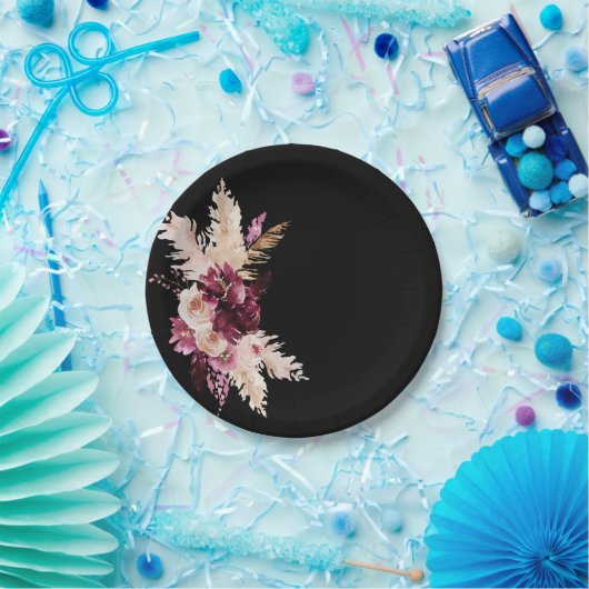 Boho Premium Rozen Burgundy Black Wedding Papieren Bordje (Feest)