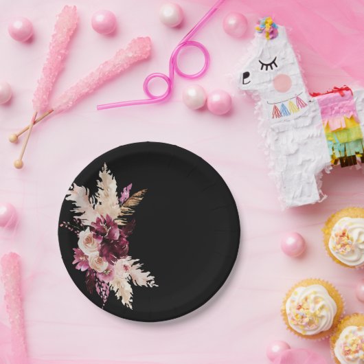 Boho Premium Rozen Burgundy Black Wedding Papieren Bordje (Feest)