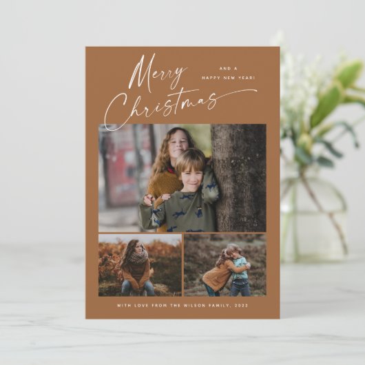 Boho Prettig Kerstmis Witte Script 3 Foto Collage Feestdagenkaart (Staand voorkant)