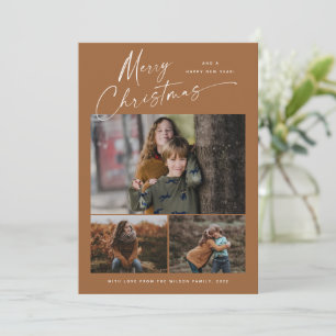 Boho Prettig Kerstmis Witte Script 3 Foto Collage Feestdagenkaart