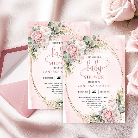Boho Pretty Blush Floral Greenery Girl Baby Shower Kaart