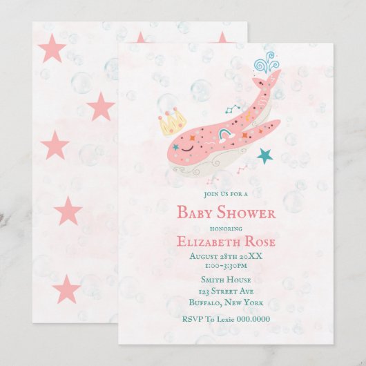 Boho Princess Whale Girl Baby Shower-uitnodigingen (Voorkant / Achterkant)