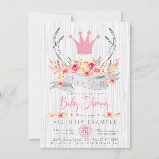 Boho Prinses Geweih Stam Baby Shower Uitnodiging (Voorkant)