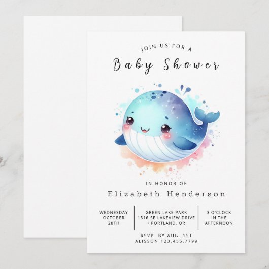 Boho Printable Whale Baby shower Kaart (Voorkant / Achterkant)