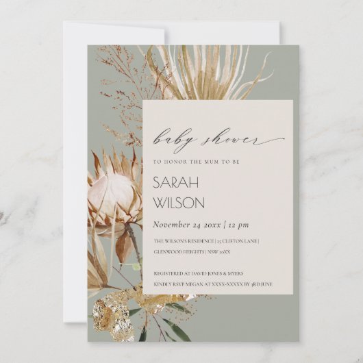 Boho Protea Dried Palm Floral Baby shower Invite Bedankkaart (Voorkant)