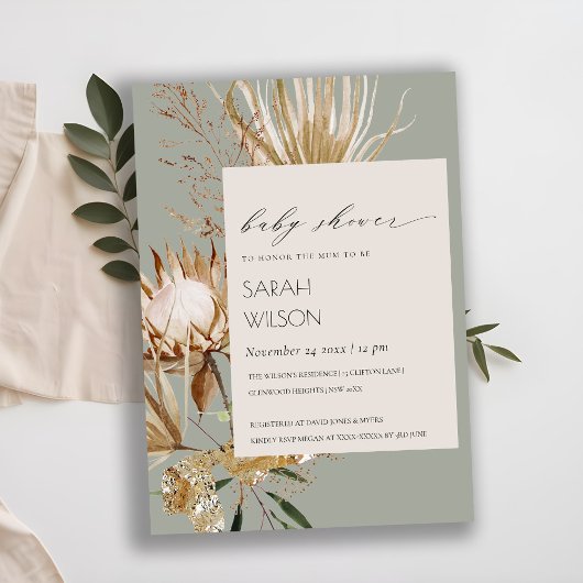Boho Protea Dried Palm Floral Baby shower Invite Bedankkaart