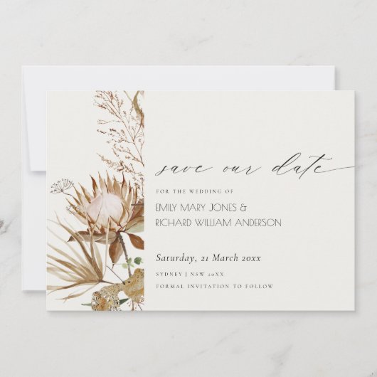 Boho Protea Dried Palm Floral Save the Date Kaart (Voorkant)