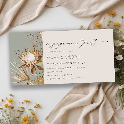 Boho Protea Dried Palm Floral Verloving Invite Bedankkaart