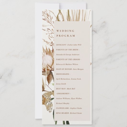 Boho Protea Dried Palm Floral Wedding Programme Kaart (Achterkant)