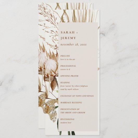 Boho Protea Dried Palm Floral Wedding Programme Kaart (Voorkant / Achterkant)