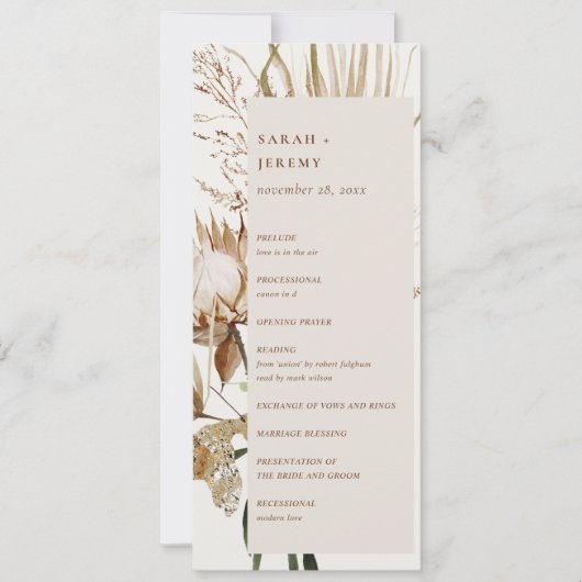 Boho Protea Dried Palm Floral Wedding Programme Kaart (Voorkant)