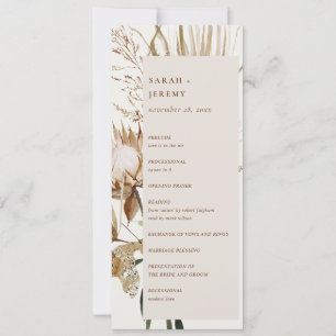 Boho Protea Dried Palm Floral Wedding Programme Kaart