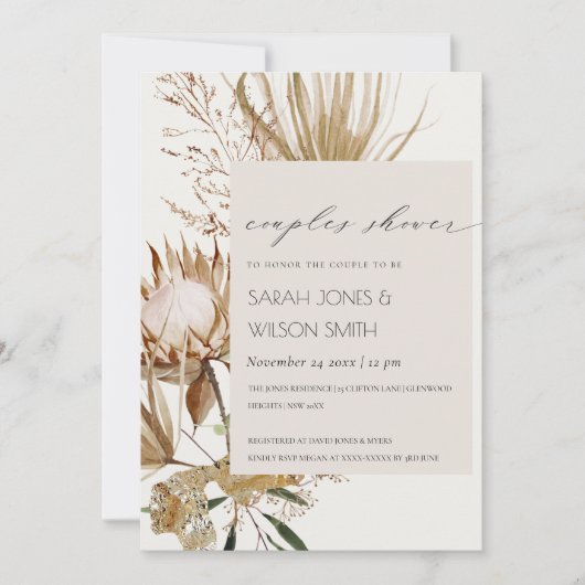 Boho Protea Dry Palm Floral Couples Shower Invite Bedankkaart (Voorkant)