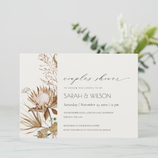 Boho Protea Dry Palm Floral Couples Shower Invite Bedankkaart (Staand voorkant)