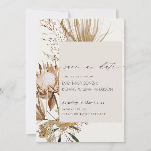 Boho Protea Dry Palm Floral Save the Date Kaart (Voorkant)