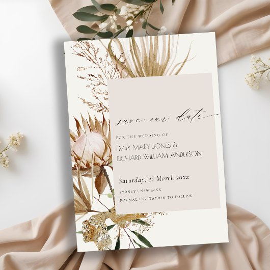 Boho Protea Dry Palm Floral Save the Date Kaart